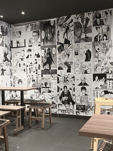 Japanese Theme Coffee Shop, Anime Restaurant Aesthetic, Anime Theme Restaurant, Cafe Interior Design Japanese, Manga Coffee Shop, Manga Cafe Interior, Japan Aesthetic Restaurant, Japanese Ramen Shop Interior, Manga Cafe Japan