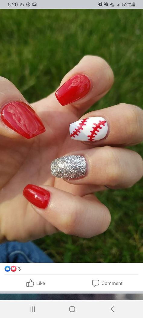 Philly Baseball Nails, Phillies Baseball Nails, Philadelphia Phillies Nails, Baseball Nails Almond, Cincinnati Reds Nails, Phillies Nails, Red Baseball Nails, Baseball Nail Art Designs, Red And Blue Baseball Nails