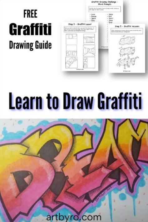 Learn how to create graffiti drawings. Easy beginner drawing lesson with free printable graffiti guide. Step by step art tutorial with pictures. #freebie #printable Teaching Graffiti Art Lessons, Graffiti Art Lesson Middle School, Graffiti Art Classroom, How To Graffiti Letters Step By Step, Graffiti Name Art Lesson, How To Draw Graffiti Step By Step, How To Do Graffiti Art, Graffiti Images Artworks, Graffiti How To