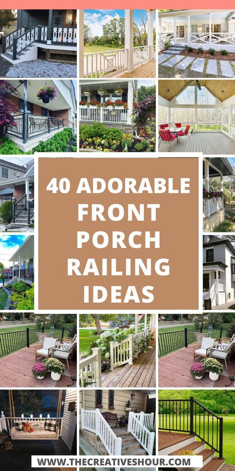 From charming farmhouse designs to modern aesthetics, explore various front porch railing ideas. Whether you're seeking wood, wrought iron, or holiday-inspired Christmas railing, find the perfect touch to enhance your brick house's curb appeal. Railings For Stairs Outdoor, Front Porch Rails, Christmas Railing, Porch Banister, Porch Shutters, Porch Step Railing, Front Porch Railing Ideas, Wrought Iron Porch Railings, Wire Deck Railing