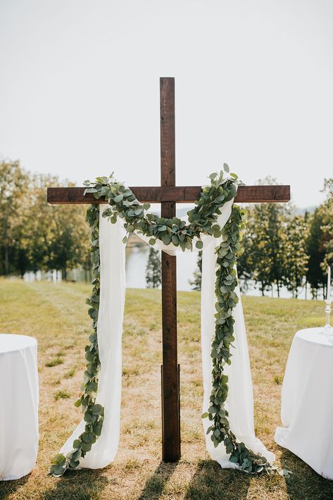 Cross Wedding Alter Flowers, Wedding Cross With Greenery, Wedding Cross Flower Arrangement, Cross Alter With Flowers, Cross Center Piece Wedding, Cross Arch Wedding, Cross Wedding Arbor, Cross Ceremony Backdrop, Wedding Ideas Alter