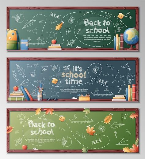 Vector set of banners with school board ... | Premium Vector #Freepik #vector #class-board #green-board #chalk-drawing #school-board Chalkboard Back To School, Board Decoration Ideas School With Chalk, School Supplies Background, Event Showroom, Study Vector, School Chalkboard Art, Banner School, Book Banner, Board Illustration