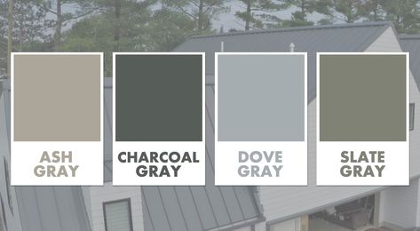 Gray metal roofing color Metal Roof Cottage House, Grey Roofs House Colors, Grey House Metal Roof, White House Gray Metal Roof, Light Colored Metal Roof, Dark Metal Roof Houses, Iron Ore Metal Roof, Dark Grey Metal Roof, Exterior Paint Colors For House With Silver Metal Roof