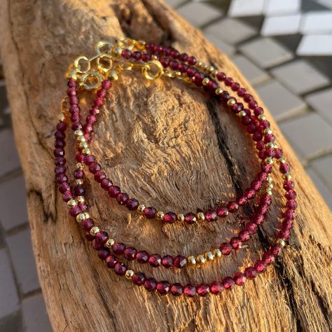 Dainty, Sparkly AAA Rhodolite Garnet and Gold Christmas/January Birthstone Beaded Bracelet Red Stone Beaded Bracelet, Red Gemstone Bead Jewelry For Gifts, Elegant Red Beaded Bracelet With Natural Stones, Red Crystal Bracelet, Maroon Beaded Bracelet, Winter Bracelets, Christmas Beaded Bracelets, Red Faceted Beads Bracelet, Christmas Bracelet Ideas