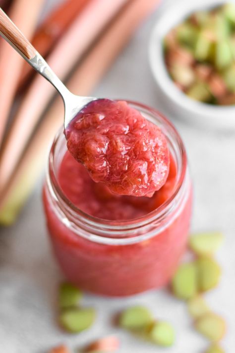 Easy Rhubarb Sauce • Dance Around the Kitchen Rhubarb Sauce Recipes, Sauce For Pancakes, Rhubarb Custard Bars, Strawberry Rhubarb Sauce, Rhubarb Cookies, Dance Around The Kitchen, Rhubarb Sauce, Cake Pancakes, Rhubarb Muffins