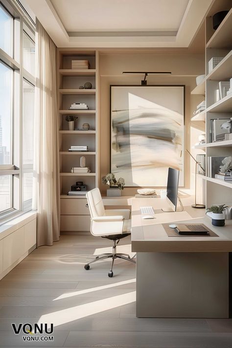 Bright and minimalist home office with large windows, clean lines, and neutral tones, creating an airy and productive workspace. Bright Home Office Design, Light And Airy Office, Organized Shelves, Beautiful Houses Exterior, Functional Home Office, Neutral Bedroom Design, Utility Room Designs, Monochrome Bedroom, Home Office Design Ideas