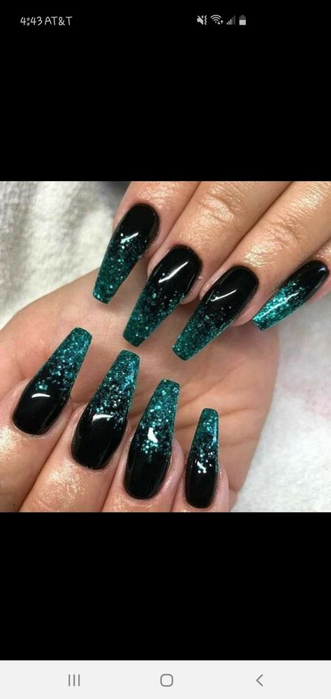 Dark Green Coffin Nail Ideas, Black Wedding Nails, Nail Art Noir, Teal Acrylic Nails, Ambre Nails, Teal Nail Designs, Black Ombre Nails, Black Gel Nails, 2022 Nails