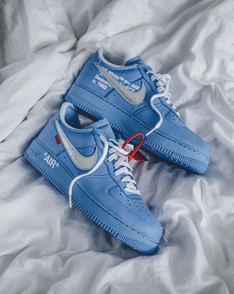 Off-White™ on Instagram: “Off-White™ c/o @Nike [archive design] "Air Force 1" MCA university blue via @t.mcfly” Off White Af1, White Af1, Nike Shoes Women Fashion, Shoes Wallpaper, White Nike Shoes, Blue Jordans, Off White Shoes, Dope Outfits For Guys, Sneaker Art