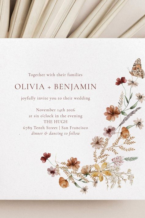 Modern Elegant Boho Nature Wildflowers Wedding Invitation Wedding Invitation Watercolor, Whimsical Wedding Invitations, Butterfly Wedding Invitations, Boho Wedding Invitation Template, Wildflowers Wedding, Enchanted Garden Wedding, Wedding Announcement Cards, Wildflower Wedding Invitations, Boho Nature