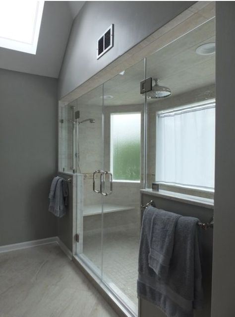 Half Walls, Bay Windows, The Shower, Bay Window, Bathroom Makeover, Shower Tub, Master Bath, Home Renovation, Framed Bathroom Mirror