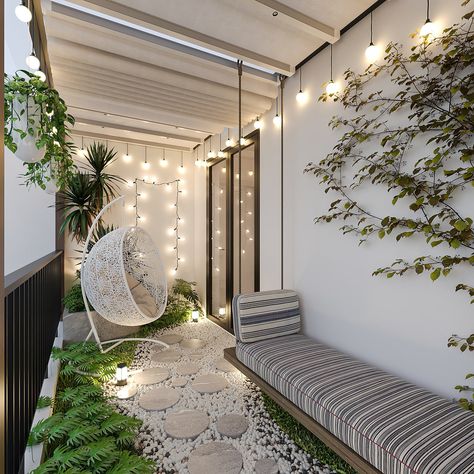 BALCONY GARDEN on Behance Kpop Apartment, Japandi Balcony, Adu Backyard, Side Wall Design, Courtyard Interior, Japanese Balcony, Pebble Floor, Balcony Flooring, Small Balcony Design