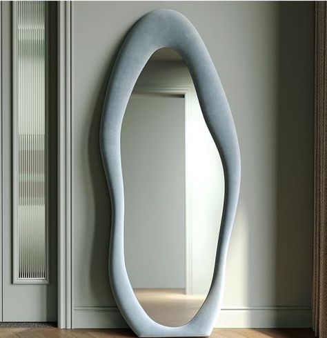 Honyee Full Length Mirror, 63" x 24" Wall Mirror, Flannel Wrapped Wooden Frame Full Body Mirror, Irregular Wavy Mirror Hanging or Leaning Against Wall for Cloakroom/Bedroom/Living Room, Blue Leaning Against Wall, Living Room Blue, Wavy Mirror, Full Body Mirror, Room Blue, Door Glass Design, Mirror Hanging, Body Mirror, Length Mirror