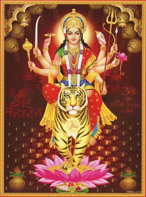 Hindu Cosmos — Goddess Durga on Her Tiger (via Etsy:... Ganesh Gif, Durgai Amman, Hindu Iconography, Navratri Songs, Hindu Cosmos, Maa Durga Photo, Durga Picture, Aadi Shakti, Happy Navratri Images