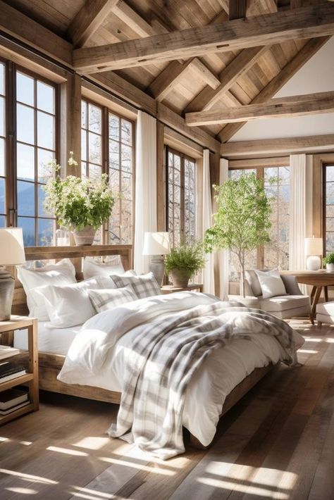 40+ Farmhouse Bedroom Ideas for a Dreamy Sleeping Space Cool Master Bedrooms Modern, Modern European Farmhouse Bedroom, Farmhouse Bedroom Master, Bedroom With A Lot Of Windows, French Farmhouse Bedroom Ideas, Dream Farmhouse Bedroom, Modern Rustic Farmhouse Bedroom, Farmhouse Aesthetic Bedroom, King Bedroom Ideas Master