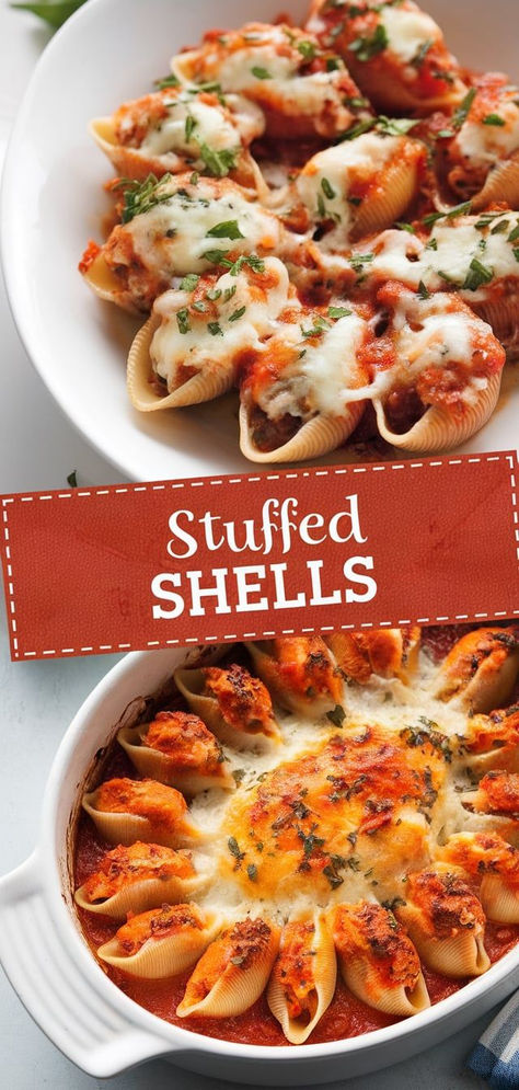 Stuffed Shells – Indulge in cheesy, savory goodness with these classic stuffed shells! Filled with creamy ricotta, mozzarella, and herbs, baked to perfection with marinara sauce for a comforting meal. Baked Stuffed Shells, Shells Recipe, Stuffed Shells Recipe, Ultimate Comfort Food, Stuffed Shells, Family Dinners, Ricotta Cheese, Marinara Sauce, Cottage Cheese