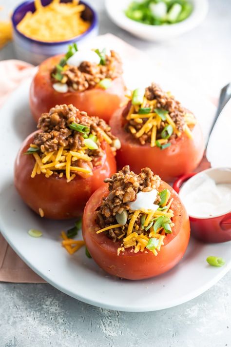 Taco Stuffed Tomatoes, Sweet Potato Rice, Corn Salsa Recipe, Stuffed Tomatoes, Sour Cream Chicken, Tomatoes Recipe, Summer Tomato, Homemade Taco Seasoning, Tacos Beef