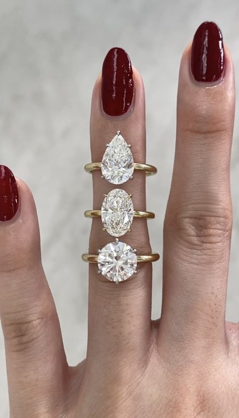 💍 Style 2033 – 2.5ct Pear G VS1 - Two Tone 14k Yellow Gold & Platinum Hidden Halo Solitaire (1.90mm, Ratio 1.57) 💍 Style 2049 – 2.4ct Oval F VS2 - Two Tone 18k Yellow Gold Hidden Halo Solitaire (1.80mm, Ratio 1.48) 💍 Style 2050a– 2.7ct Round I VVS2 – Two Tone 14k Yellow Gold & Platinum 6 Claw Prong Solitaire (2.10mm) l Bonnie Jewelry, Yellow Gold Solitaire, Claw Prong, Hidden Halo, 3 Carat, Gold Platinum, Future Wedding, Wedding Inspo, Two Tone