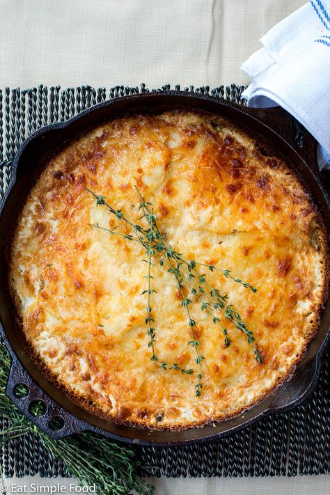 Cast Iron Skillet Scalloped Potatoes (Au Gratin) Recipe - Eat Simple Food Cast Iron Potatoes Au Gratin, Skillet Mashed Potatoes Cast Iron, Au Gratin Potatoes Cast Iron Skillet, Skillet Au Gratin Potatoes, Cast Iron Skillet Potatoes Oven, Potato Cast Iron Recipes, Scalloped Potatoes Cast Iron Skillet, Cast Iron Au Gratin Potatoes, Cast Iron Scalloped Potatoes