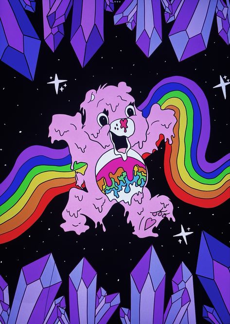 Trippy Care Bear Art, Trippy Background Drawing, Bear Digital Art, 80s Wallpaper, Rainbow Things, Trippy Pictures, Trippy Cartoon, Trippy Backgrounds, Trippy Iphone Wallpaper