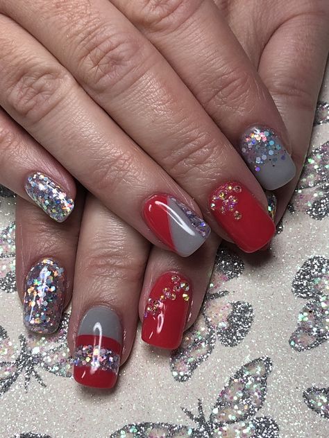 Scarlet And Grey Nails, Red And Gray Nails Acrylic, Red Gray Nails Design, Scarlet And Gray Nails, Red And Gray Nails, Red Black And Gray Nail Designs, Grey Nail Designs, Gray Nails, Fancy Nails Designs