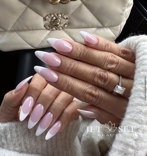 Creamy Pink French Tip Nails, Almond French Tip Nails Pink Base, Pink White Nails French, Pink And White Almond Nails French Tip, Marshmallow Pink Nails, White French Tip Nails Pink Base, Pink Nail White Tip, White Pink French Tip Nails, Work Nails Almond