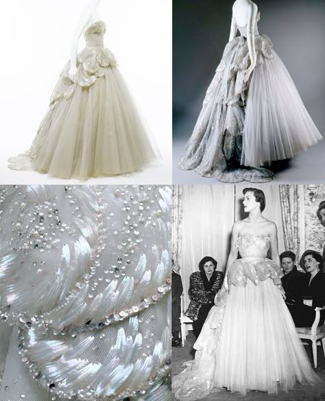 Christian Dior 1950's Venus petal sequin dress. Gray silk net embroidered with feather–shaped opalescent sequins, rhinestones, simulated pearls, and paillettes. Christian Dior Venus Dress, Dior Venus Dress, Old Dior Dress, Dior White Dress, Dior Gown, Swan Dress, Peacock Dress, Dior Dress, Dress History