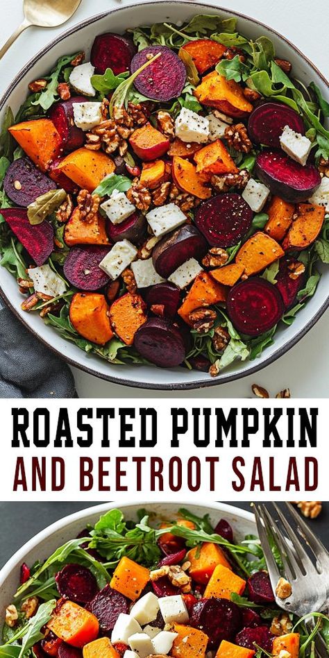 Brighten up your fall menu with this Roasted Pumpkin and Beetroot Salad! 🍂🥗 A delicious combination of tender roasted veggies and fresh greens, topped with a tangy dressing. Perfect for a nutritious lunch or festive side dish. 🎃🍴 #HealthyRecipes #PumpkinSeason #BeetrootSalad Baked Beetroot, Roast Pumpkin Salad, Beetroot Recipes, Salad Inspiration, Pumpkin Salad, Roasted Beet Salad, Creamy Feta, Fall Menu, Beetroot Salad