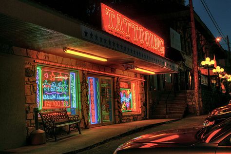 Tattoo Shop at Bagnell Dam Tattoo And Piercing Shop Aesthetic, Vintage Tattoo Shop Aesthetic, Neon Tattoo Shop, Aesthetic Tattoo Shop, Tattoo Shop Exterior, Tattoo Parlor Aesthetic, Tattoo Studio Aesthetic, Tattoo Shop Aesthetic, Matt Core