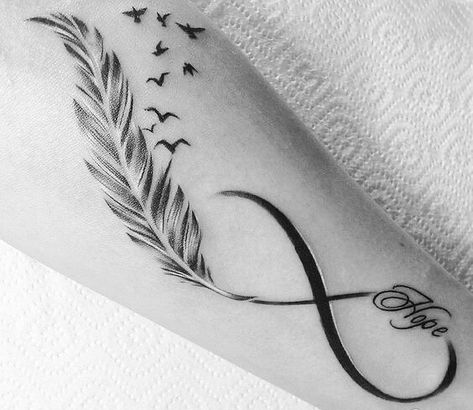 Infinity Feather Tattoo, Fingers Tattoo, Typographic Tattoo, Infinity Tattoo With Feather, Tattoo Posters, Mother Tattoos, Infinity Tattoos, Minimalist Tattoos, Feather Tattoo