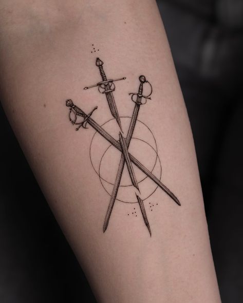 In memory of Aniek’s best friend who was a part of their friendship trio known as the ‘Three Musketeers’. I had the honor of creating this tattoo featuring three swords symbolizing their bond. This piece was so special to work on, and I’m glad of how beautifully it turned out. Thanks Aniek 🤍 . . . . . . . #tattoodesign #tattoo #tattoos #tattooart #tattooartist #ink #art #tattoolife #inked #tattooed #tattooist #tattooing #tattooink #loistacke.tattoo #tattooflash #tattooer #artist #loistacke #b... Two Swords Crossed Tattoo, Damocles Tattoo, Three Brothers Tattoo, Three Musketeers Tattoo, 3 Swords Tattoo, Three Swords Tattoo Design, 3 Musketeers Tattoo, Three Swords Tattoo, Greek Myth Tattoos