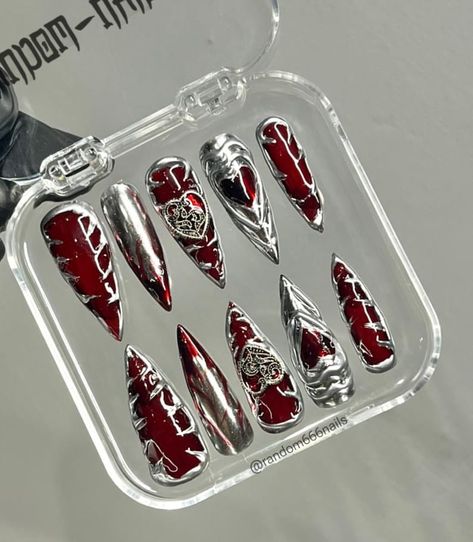 Blood Nail Press, Nails Decorated With Silver Charms, Gothic Crossed Nails, Vampire Red Nails, Dark Red Nails - Etsy Dark Red And Silver Nails, Vampire Red Nails, Red Nails Dark, Nails Dark Red, Red And Silver Nails, Blood Nails, Vampire Nails, Silver Nail Designs, Press Nails