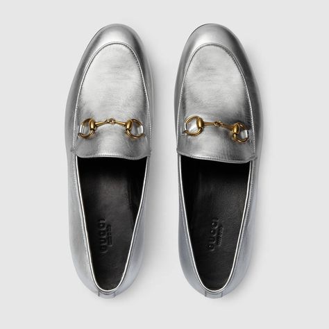 Gucci Jordaan, Staying Grounded, Silver Loafers, Metallic Loafers, Gucci Boots, Leather Sole Shoes, Gucci Loafers, Gucci Women, Leather Flat Shoes