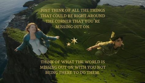 Photo from Peter Pan & Wendy 2023 of them flying in Neverland with the quote “Just think of all the things that could be right the corner that you’re missing out on. Think of what the world is missing out on with you not being there to do them.” mental health awareness suicide prevention Peter Pan And Wendy 2023, Rahu Ketu, Peter Pan Wendy, Peter Pan And Wendy, 2023 Quotes, Movie 2023, Disney Merch, Movie Quote, Health Awareness