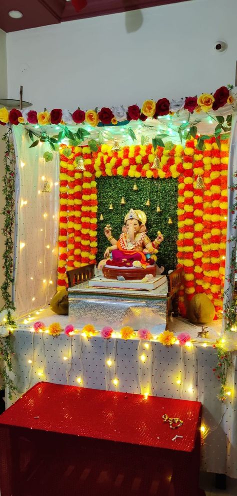 Mandap decoration idea for Ganesh chaturthi Ganesh Mandap Decoration Ideas, Mandap Decoration At Home, Ganesh Backdrop Decoration, Ganesh Ji Decoration At Home, Ganpati Mandap Decoration, Ganesh Chaturthi Decoration At Home, Ganpati Decoration Theme Ideas, Mahalaxmi Decoration, Ganpati Mandap