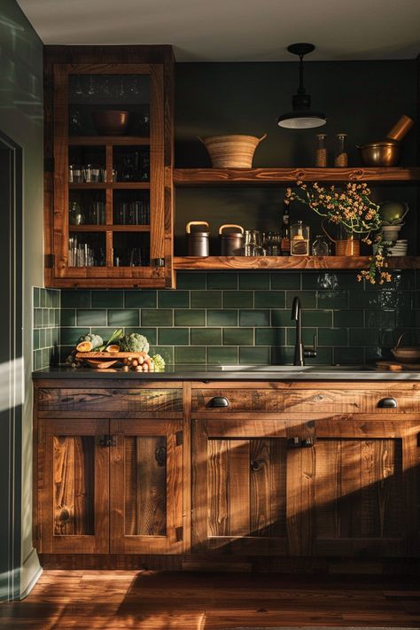 Farmhouse Kitchen Backsplash Ideas - Quiet Minimal Kitchen Inspo Farmhouse, Green Earthy Kitchen, Log Cabin Kitchen Backsplash, Earthy Kitchen Color Schemes, Cabin Kitchen Backsplash Ideas, Dark Green And Wood Kitchen, Cool Backsplash Ideas Kitchen, Cabin Kitchen Backsplash, Green Cabinets With Butcher Block