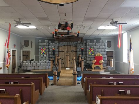 Vbs 2017 Vbs Kingdom Theme, Kingdom Keepers Vbs Decorations, Castle Sunday School Room, Kingdom Vbs Crafts, Mighty Fortress Vbs, Castle Classroom, Walls Of Jericho, Kingdom Vbs, Treasured Vbs 2021 Decorations