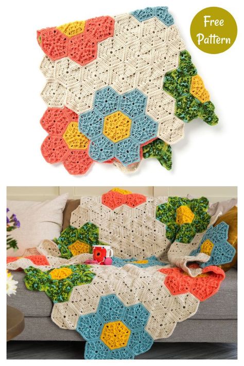 Crochet Hexie Blanket, Patch Blanket Crochet, Crochet Patterns Bag Free, Patch Crochet Blanket, Knitted Afghan Patterns, Hexagon Granny Square Pattern, Hexagon Blanket Crochet, C2c Crochet Baby Blanket Pattern, Yellow Crochet Blanket