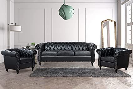 Chesterfield Sofa Set for Living Room Classic Single and 3 Seater Sectional Sofas Roll Arm Faux Leather Couch Deep Button Silvery Nailhead Trim Black Reading Wingback Chairs Bedroom Comfy Furniture… Couch And Chair Set, Comfy Furniture, Couch Sets, 3 Seater Couch, Bedroom Comfy, Sofa Comfy, Black Couch, Faux Leather Couch, Chairs Bedroom