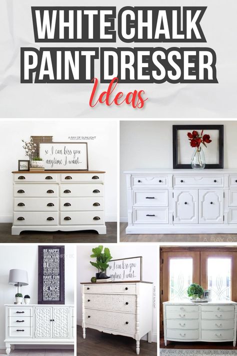 If you wanna give that old dresser a new look, consider getting some white chalk paint. This paint is so versatile and can transform any piece of furniture, adding a classy touch to your home decor. Painting A Dresser White, White Chalk Paint With Dark Wax Finish, White Dresser Bedroom Ideas, Paint Dresser White, Paint Dresser Ideas, Chalk Paint Dresser Ideas, White Dresser Makeover, White Distressed Dresser, Dressers White