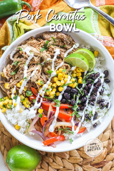 EASY family friendly dinner! Pork carnitas bowls are the perfect, kid friendly and parent loved dinner. Use left over flavorful, slow cooker pork, cilantro lime rice, and prepped toppings for a super easy and super quick meal. Easy clean up, one pan cooking, and totally customizable toppings make this an instant win for any family. Carnitas Rice Bowl, Pork Carnitas Slow Cooker, Family Desserts, Mexican Side Dishes, Pork Carnitas, Family Friendly Dinners, Slow Cooker Pork, Easy Delicious Recipes, Easy Family Meals