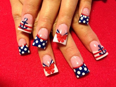 Sailor nails by Oli123 Independence Day Nail Art, Sailor Nails, Flare Nails, Patriotic Nails, Wide Nails, Different Nail Shapes, Nail Art Designs Summer, Holiday Nail Art, July Nails