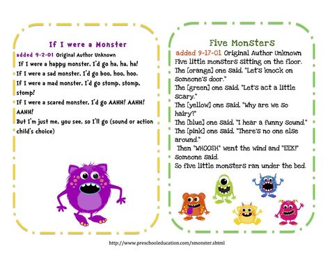 Five Little Monsters Song | Kindergarten Songs, Preschool Songs 930 Preschool Printables Free, Songs Preschool, Monster Songs, Colour Monster, Stroller Strides, Childcare Ideas, Monster Activities, Halloween Poems, Circle Time Songs