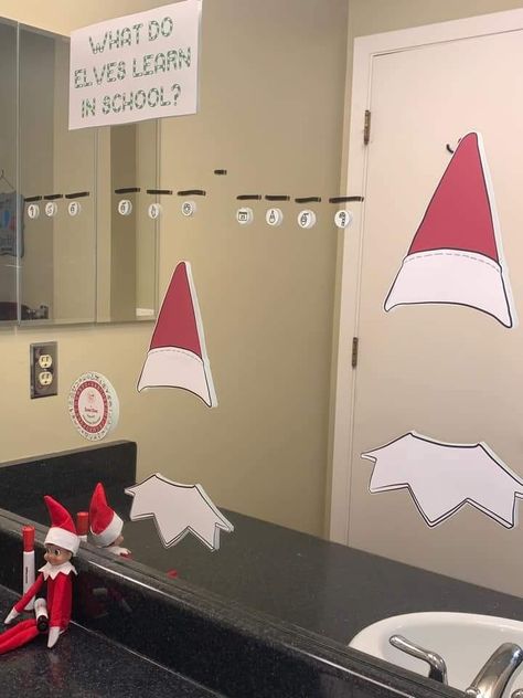 Elf On The Shelf Classroom Door, Elf On The Shelf Door Decoration, Elf Entrance Ideas, Elf On The Shelf Door, Elf Pranks, Elf 2024, Classroom Elf, Elf Shenanigans, Shelf Door