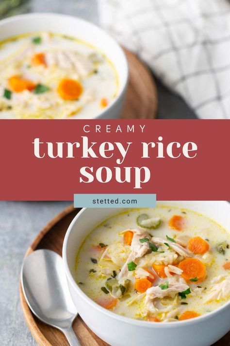 Swap chicken for leftover Thanksgiving turkey in this classic turkey rice soup recipe. It's a quick and easy meal for the whole family, ready in under 1 hour! Creamy Turkey Rice Soup Recipes, Turkey Carcus Recipes, Creamy Turkey Rice Soup, Leftover Turkey Rice Casserole, Turkey And Rice Soup Recipes, Recipe For Turkey Soup, Turkey Rice Soup Recipes, Turkey And Rice Recipes, Best Turkey Soup