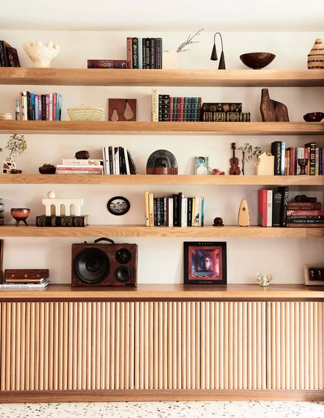 Living Room With Sliding Door, Cabinetry Living Room, Home Office Shelving, Shelves Living Room, Living Room Cabinet, Tulip Dining Table, Bookshelves In Living Room, Bookcase Wall, Melbourne House