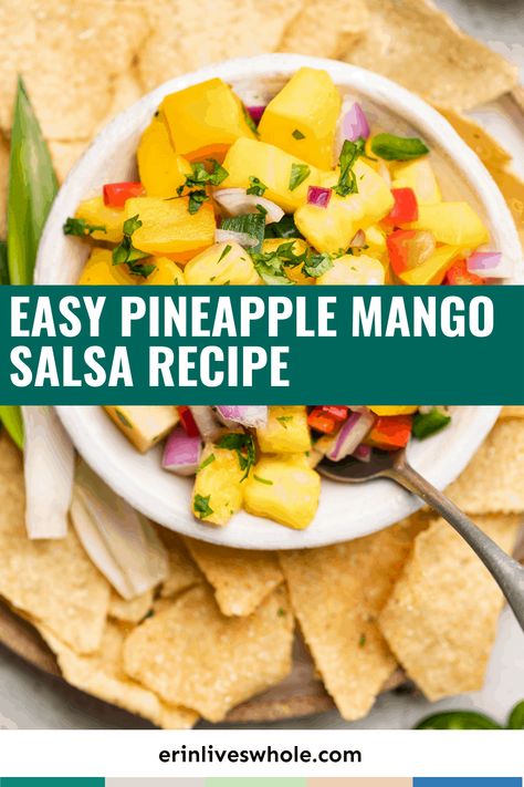 For the ultimate sweet and savory combo, this Easy Pineapple Mango Salsa Recipe is a must. It's the perfect mix of healthy ingredients that satisfy cravings at the same time! Mango And Pineapple Salsa, Pineapple Mango Salsa, Mango Salsa Recipe, Mango Salsa Recipes, Summer Sides, Healthy Ingredients, Mango Salsa, Salsa Recipe, Vegan Recipe