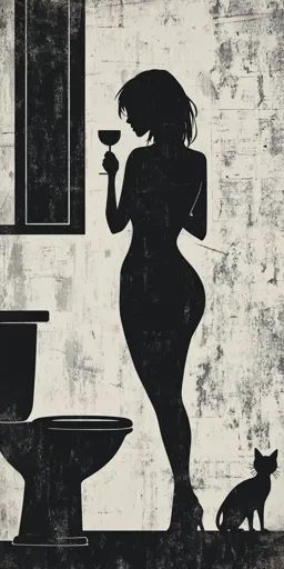 ↑↑↑ Larger size on website 🔸 The image is a black and white silhouette of a woman holding a glass of wine, standing next to a toi Holding A Glass Of Wine, Glass Of White Wine, Silhouette Of A Woman, Black And White Silhouette, A Glass Of Wine, Glass Of Wine, Woman Silhouette, Silhouette Art, Textured Wall