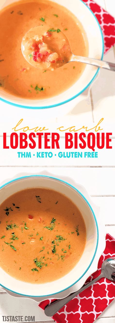 Low Carb Lobster Bisque • THM S • Keto • Gluten Free Keto Lobster Bisque, Keto Lobster, Seafood Bisque Recipe, Lobster Bisque Recipe, Keto Lunches, Keto Soups, Keto Gluten Free, Seafood Bisque, Food Seafood