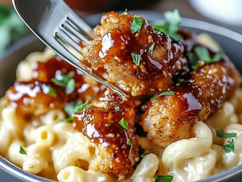 Honey Pepper Chicken Mac and Cheese - Chicken Mac And Cheese Recipe, Honey Pepper Chicken, Breaded Chicken Strips, Cooked Broccoli, Chicken Mac And Cheese, Mac Cheese Recipes, Creamy Mac And Cheese, Cheesy Pasta, Spicy Honey