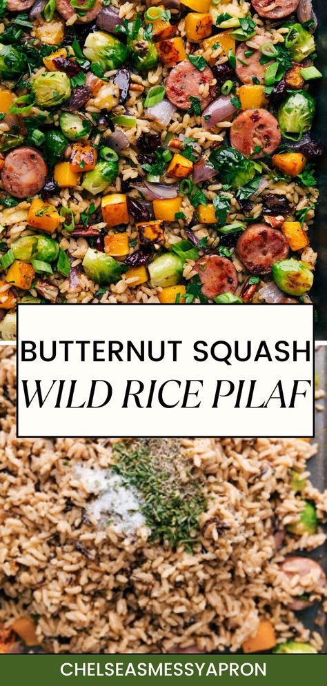 Butternut Squash Wild Rice Pilaf is a one-pan meal with roasted wild rice, smoked chicken sausage, maple butternut squash, and Brussels sprouts, all topped with a maple-orange vinaigrette. #dinner #best #quick #easy #simple #familyfriendly #kidfriendly #butternutsquash #wildrice #pilaf Wild Rice Meals, Butternut Squash Rice Pilaf, Wild Rice Butternut Squash, Maple Butternut Squash, Butternut Squash And Brussels Sprouts, Butternut Squash Rice, Wild Rice Pilaf, Broccoli Sauteed, Rice Pilaf Recipe